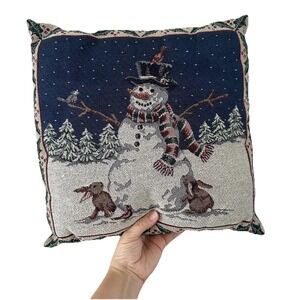 VTG 90's Christmas Tapestry‎ Snowman Forest Throw Pillow 13x14 Bunnies